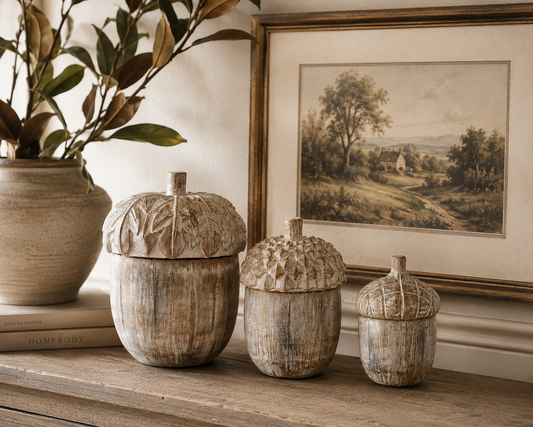 Whitewashed Resin Acorn Lidded Containers