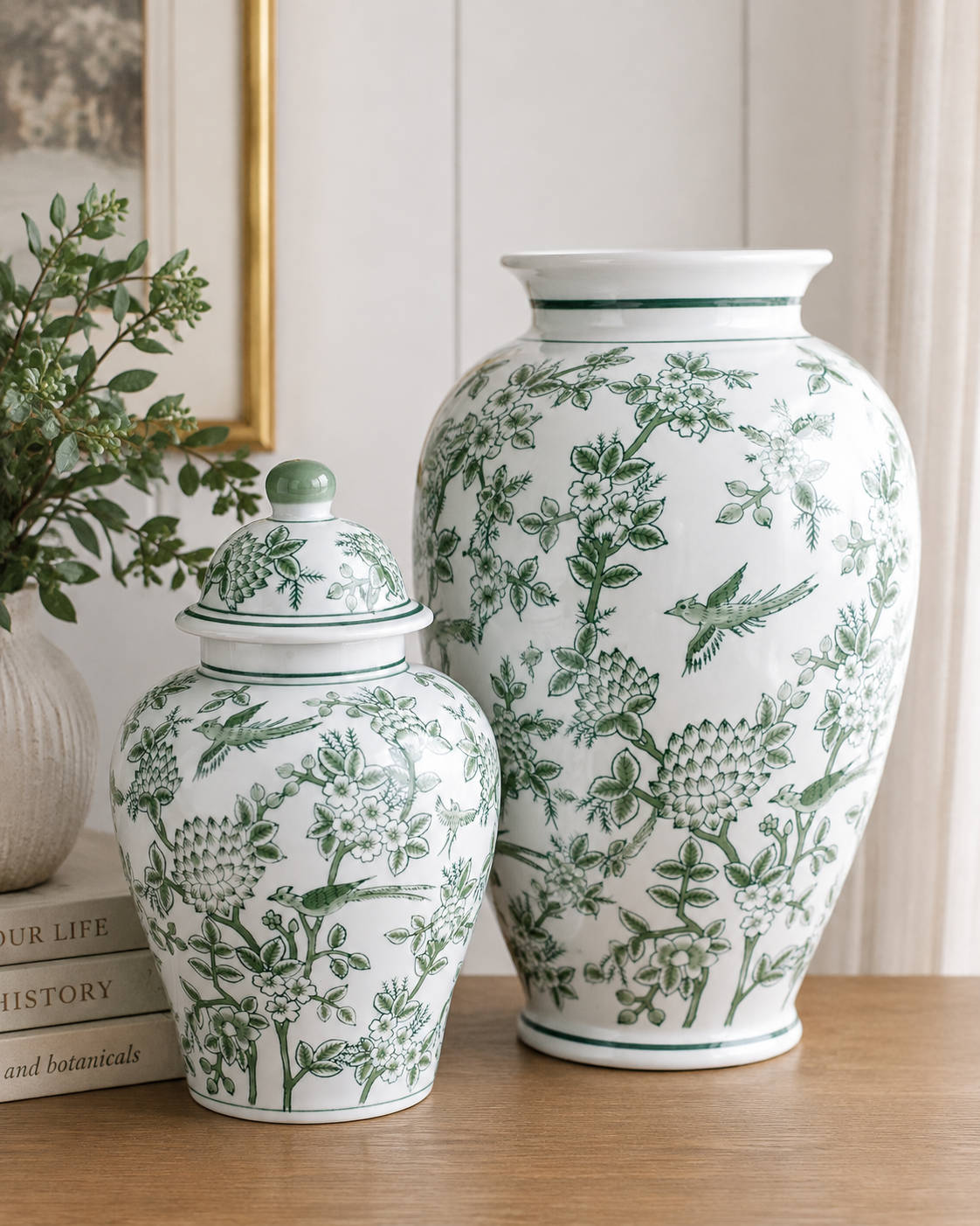 Green Botanical & Bird Porcelain Ginger Jar
