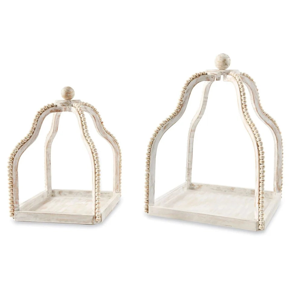White Wood Beaded Lanterns Set of Two