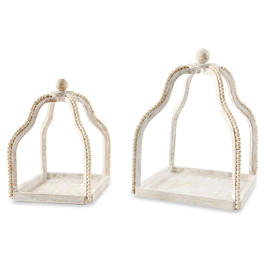 White Wood Beaded Lanterns Set of Two