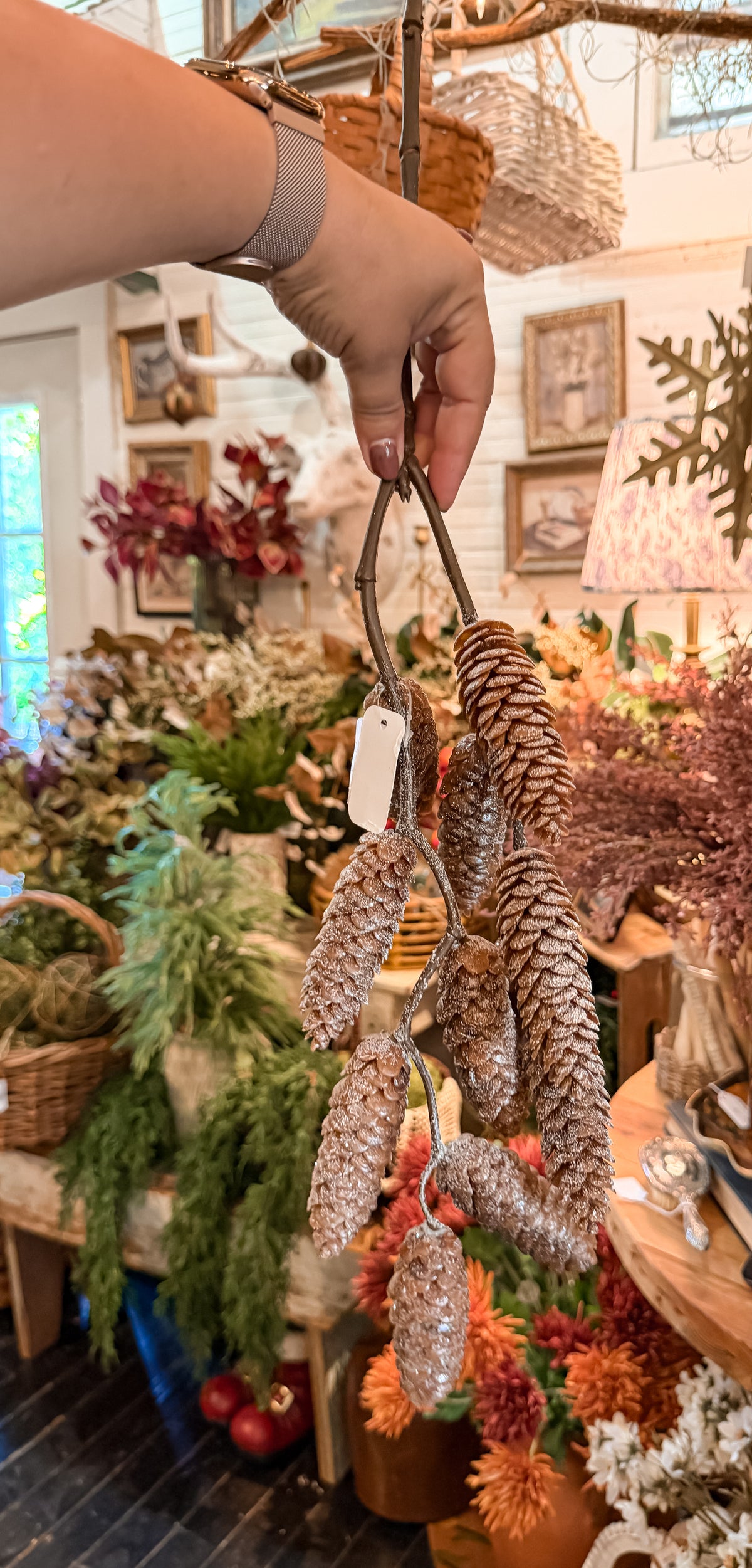 29.5” Frosted Hanging Pinecone Spray | Brown