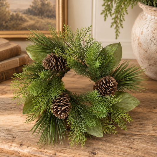 15” Mixed Evergreen & Magnolia Candle Ring with Pinecones