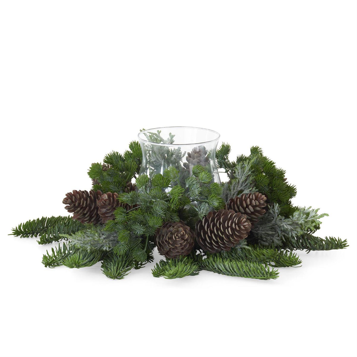 16" Mixed Pine & Pinecone Candle Ring with Glass Hurricane