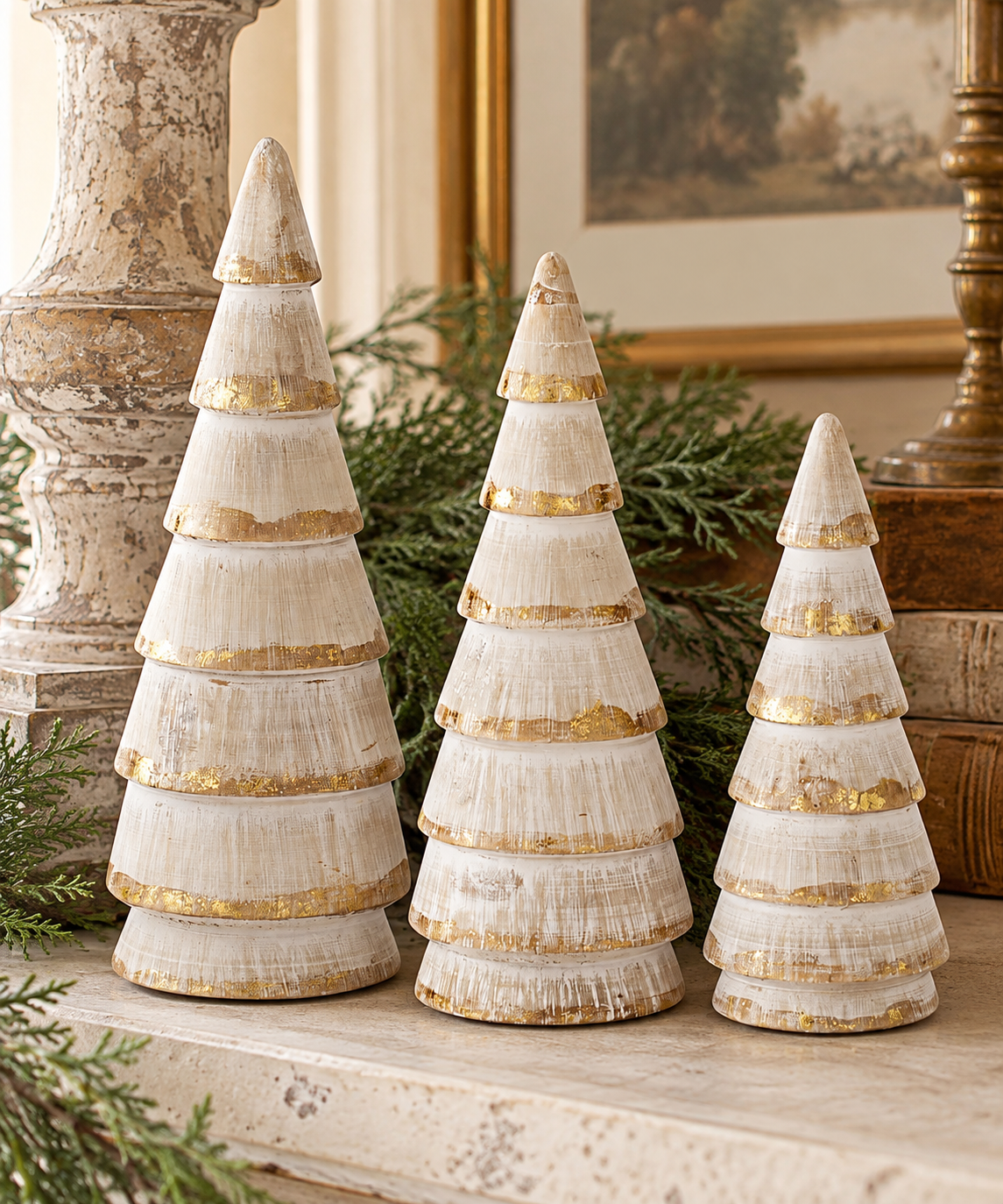 Whitewashed Wood Christmas Tree | Gold Finish