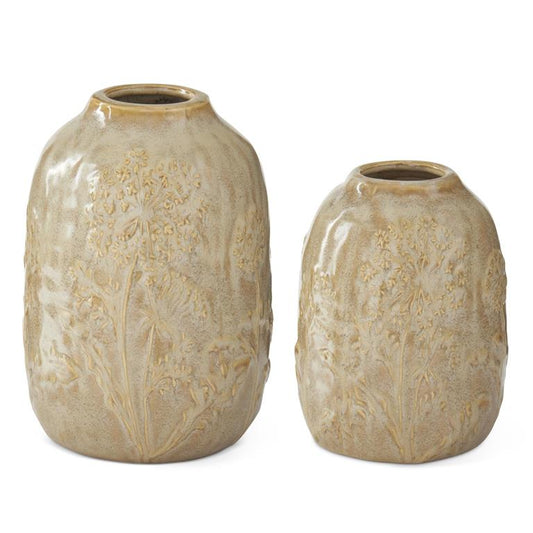 Cream Embossed Floral Vase