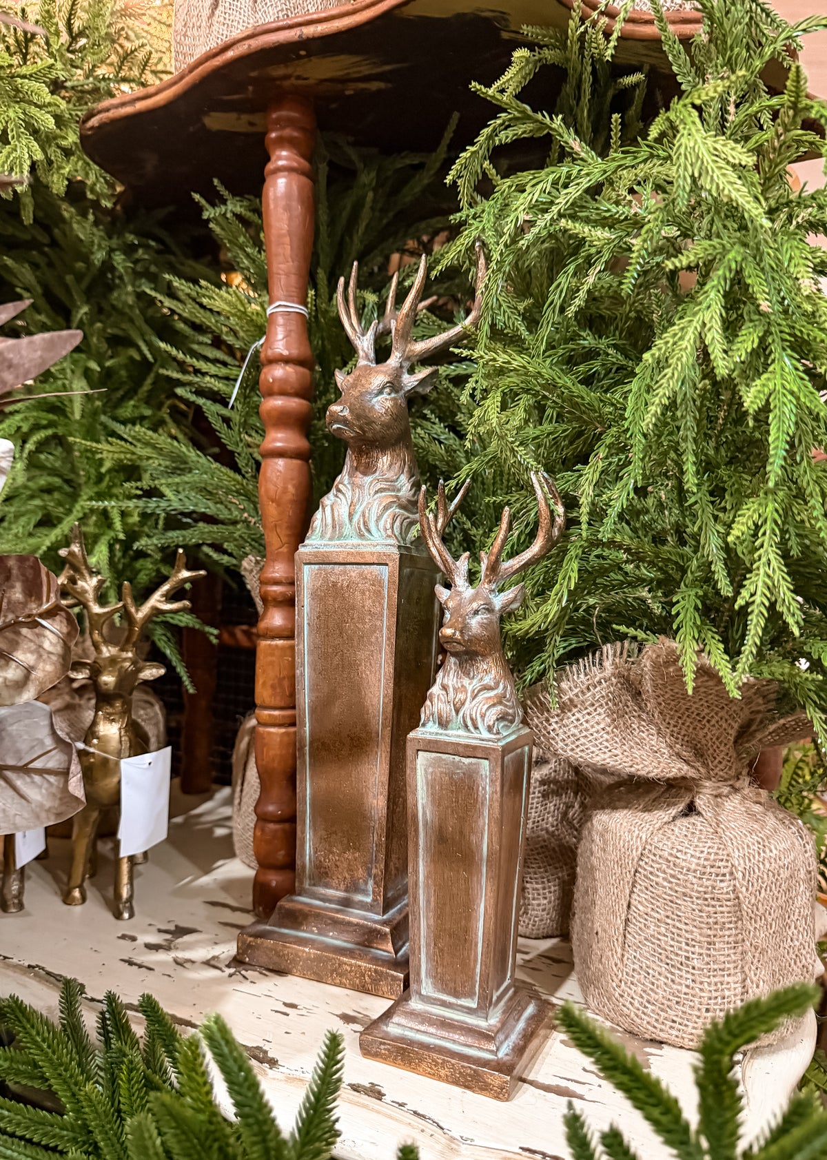 Set of 2 Vintage Gold Deer Busts on Pedestals