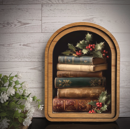 Christmas Books & Holly | Mini Arch Frame Art