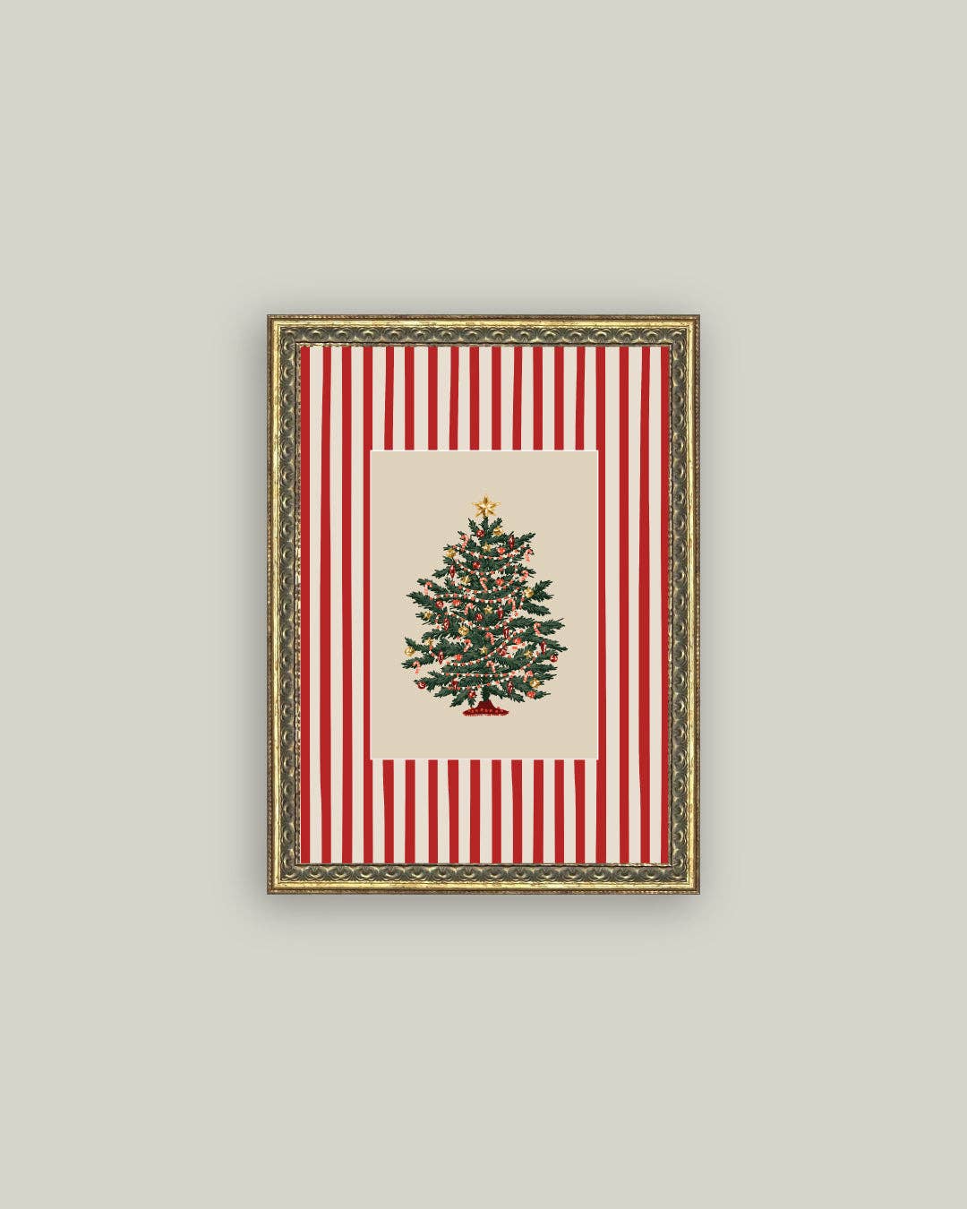 Peppermint Stripe Tree Framed Antique Art: 5x7