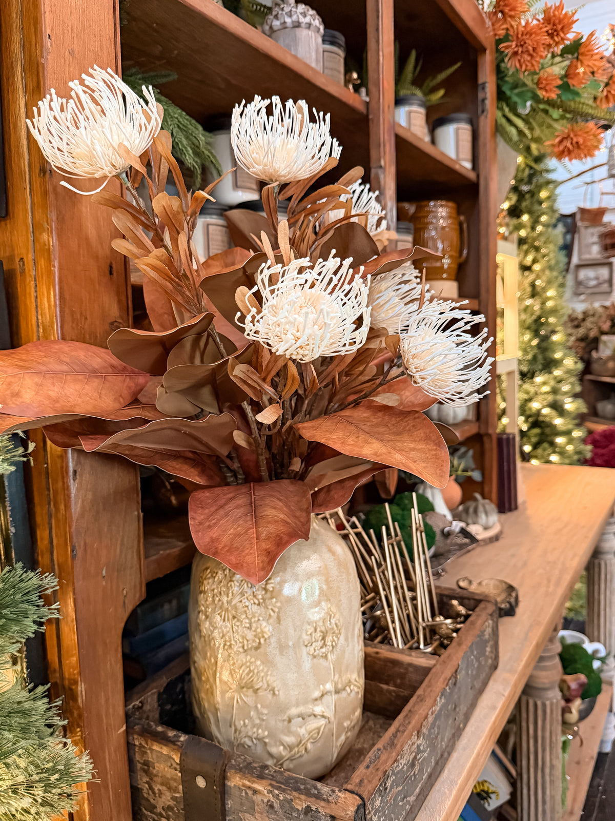 30" Cream Pin Cushion Flower Stem