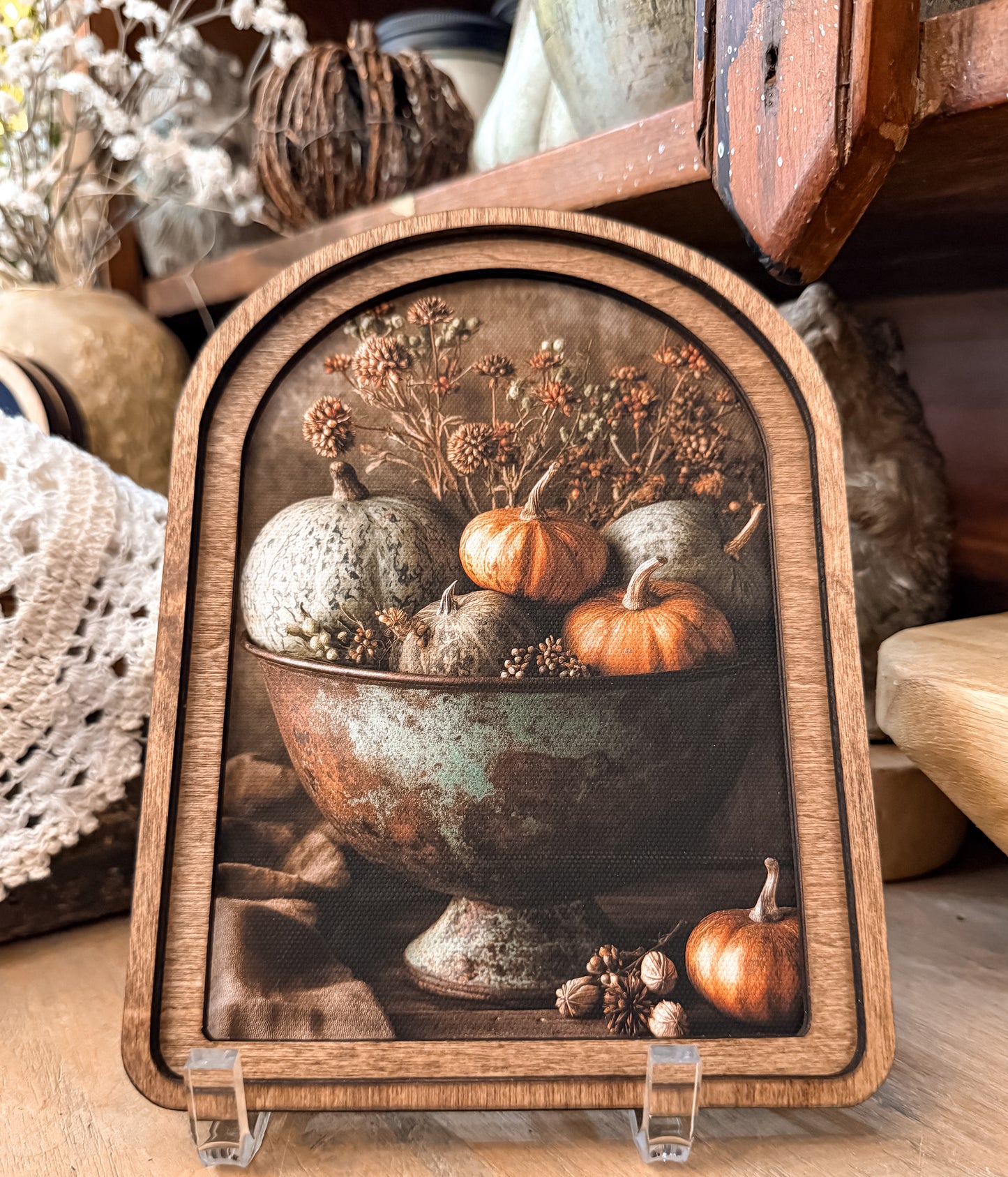 Arch Top Pumpkins in Patina Bowl Framed Art