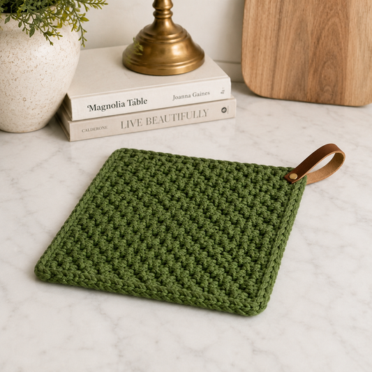Green Crochet Pot Holder with Leather Strap