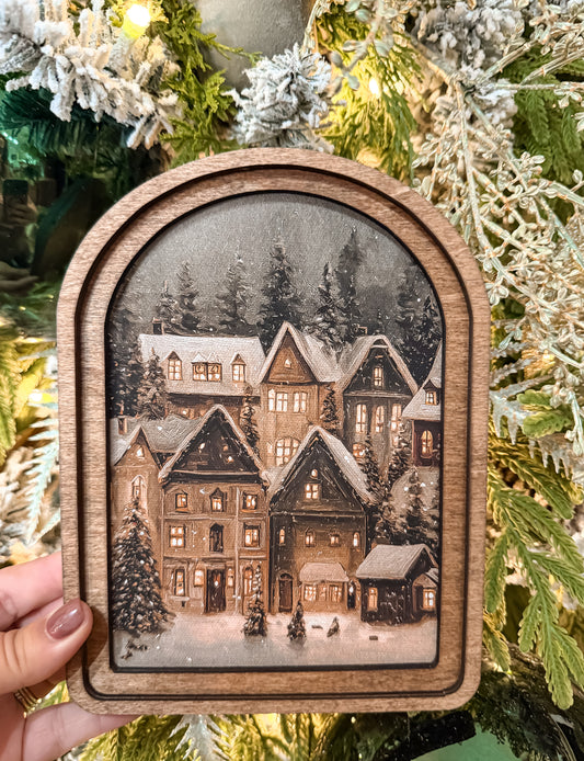 Arch Top Snowy Christmas Village Framed Art | 6" x 8"
