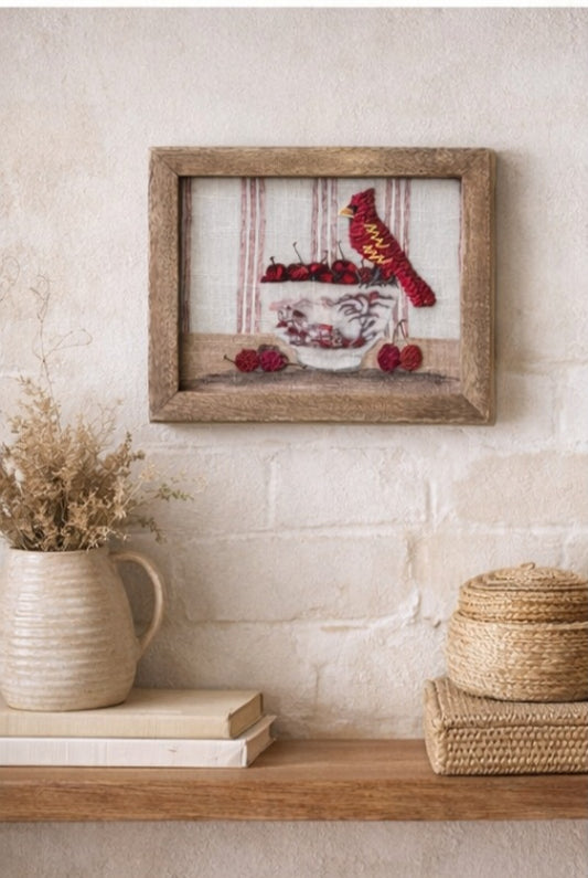 Wood Framed Cotton Embroidered Wall Art with Bird on Dish
