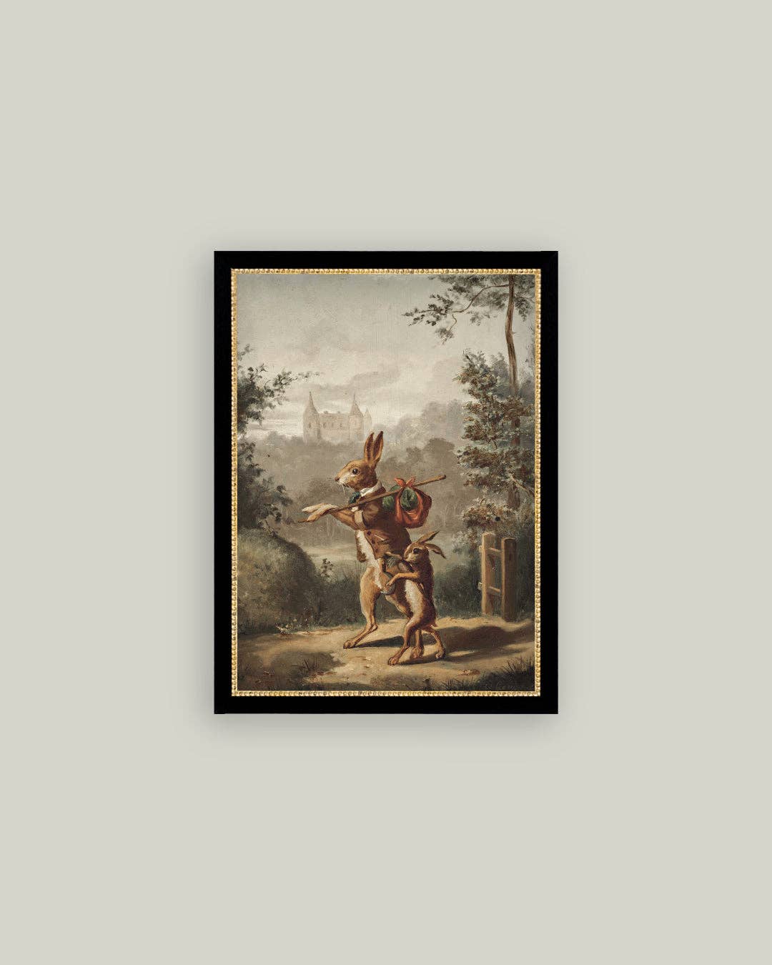 Traveling Rabbit Framed Antique Art: 7x9