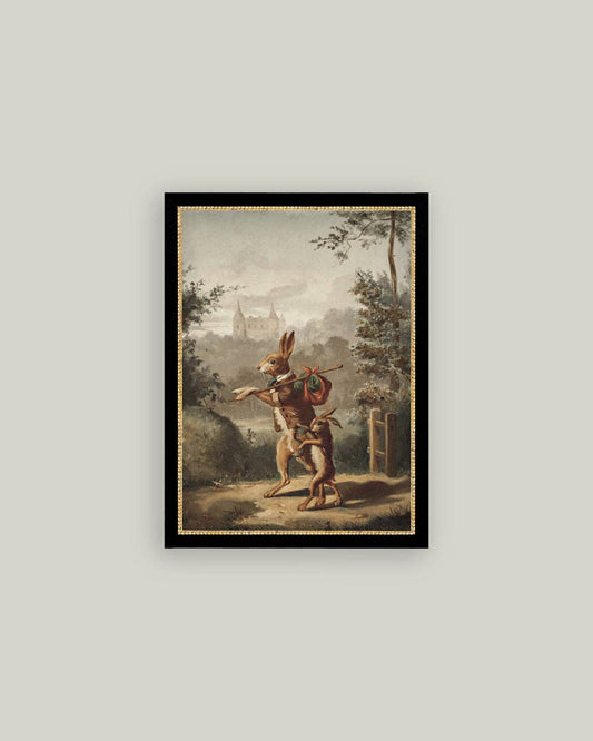 Traveling Rabbit Framed Antique Art: 7x9