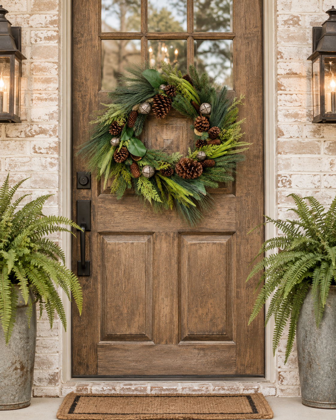 Evergreen Manor Wreath with Bells and Magnolia