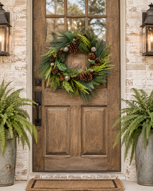 Evergreen Manor Wreath with Bells and Magnolia