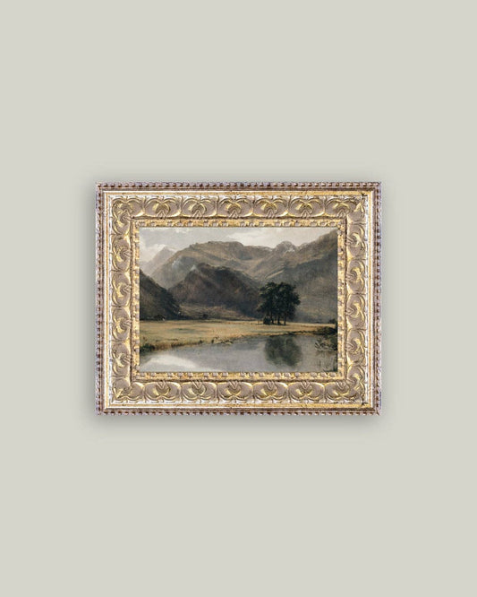 River Mountainscape Framed Antique Art: 7x5