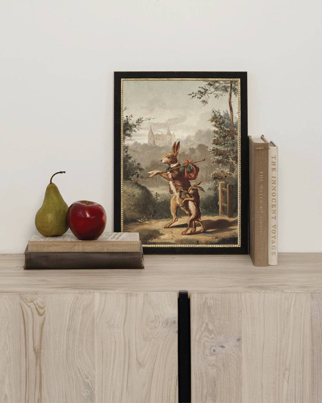 Traveling Rabbit Framed Antique Art: 7x9