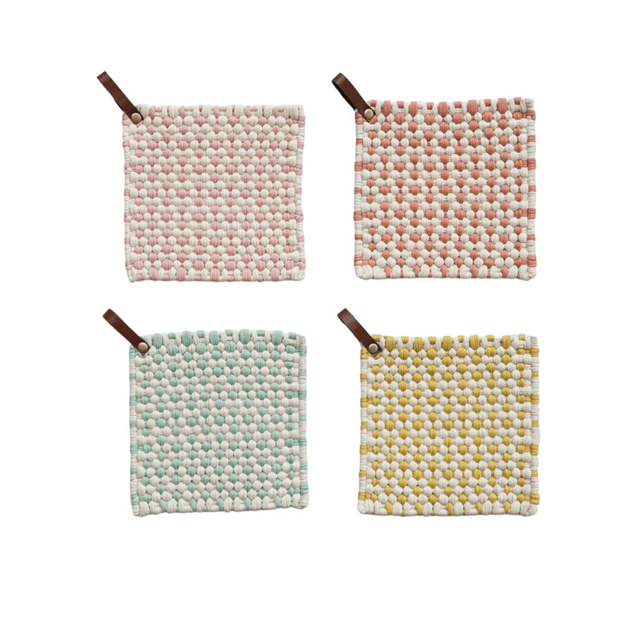 Pastel Crochet Pot Holder with Leather Hoop