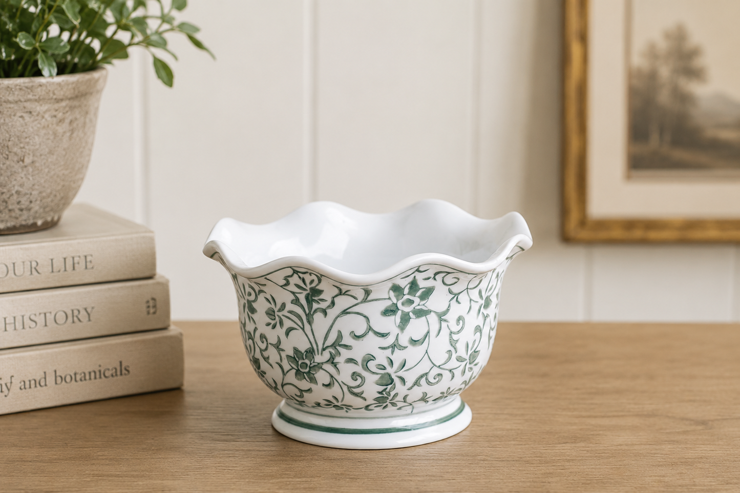 Green Floral Scalloped Porcelain Bowl