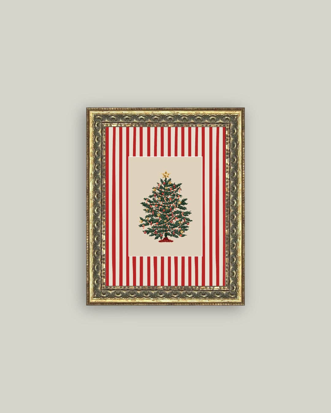 Peppermint Stripe Tree Framed Antique Art: 5x7