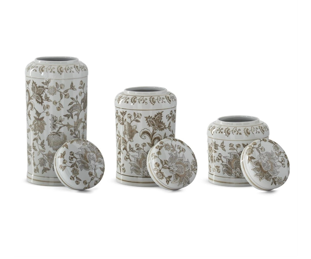 Taupe & White Porcelain Chinoiserie Lidded Jar ((Assorted)