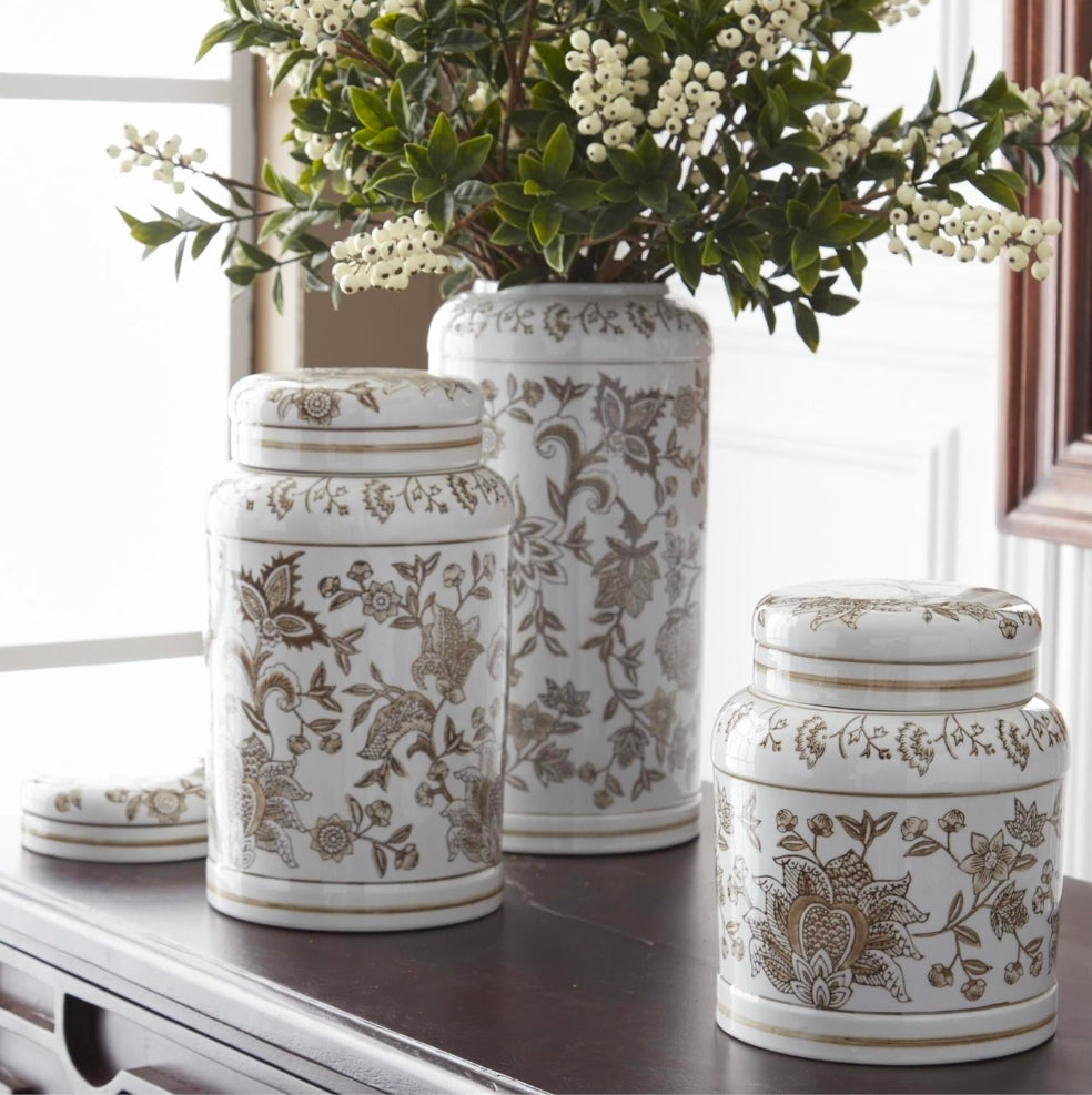 Taupe & White Porcelain Chinoiserie Lidded Jar ((Assorted)