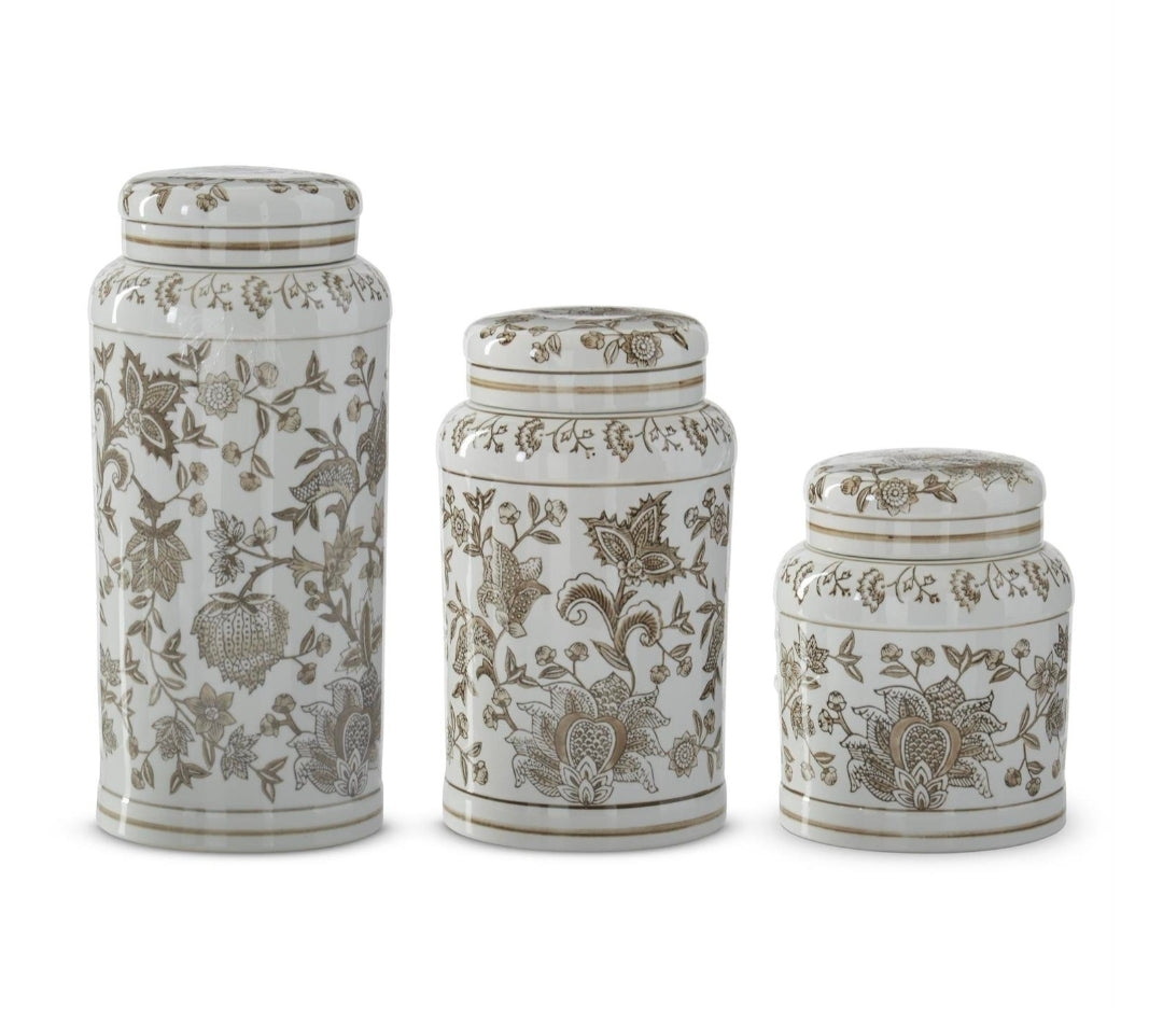 Taupe & White Porcelain Chinoiserie Lidded Jar ((Assorted)