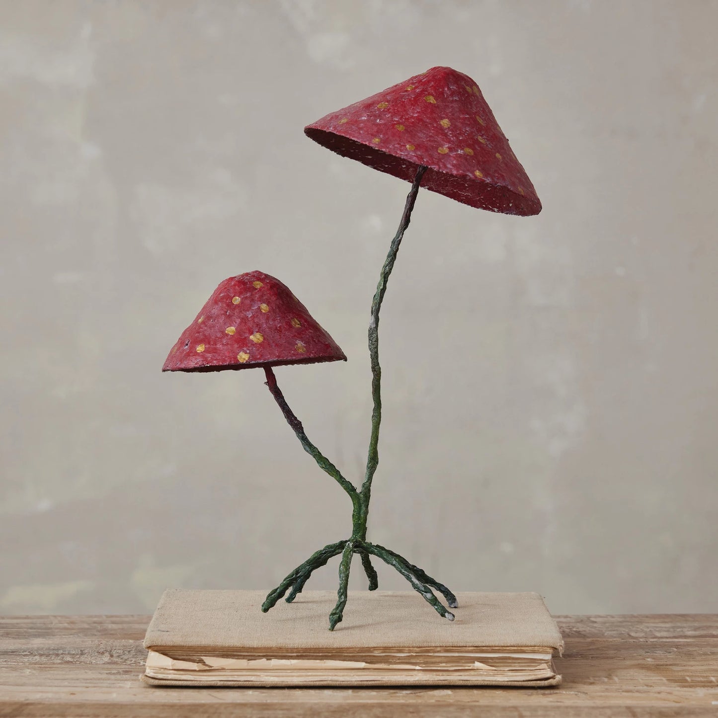 Handmade Paper Mache & Metal Mushrooms with Dots on Footed Stand