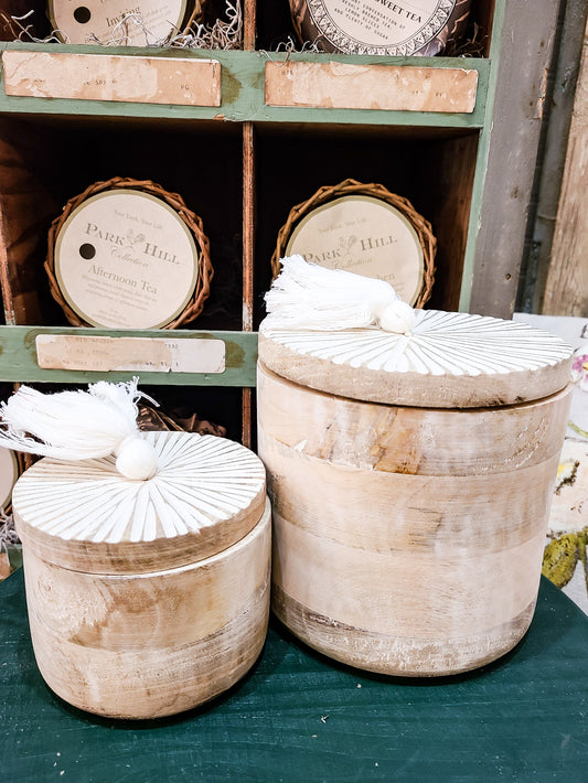 Set of Two Round Wooden Box With Fringe