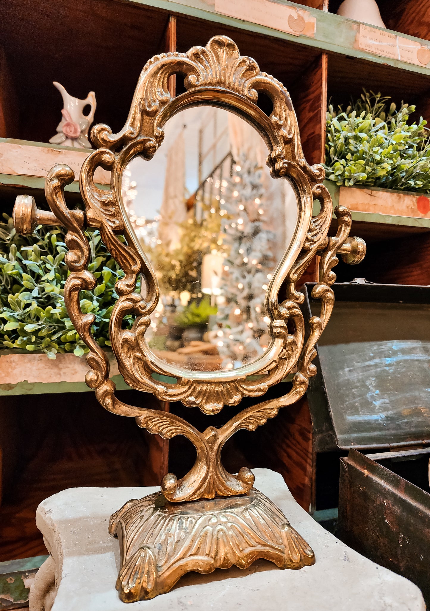 Standing Brass Mirror With Ornate Detail