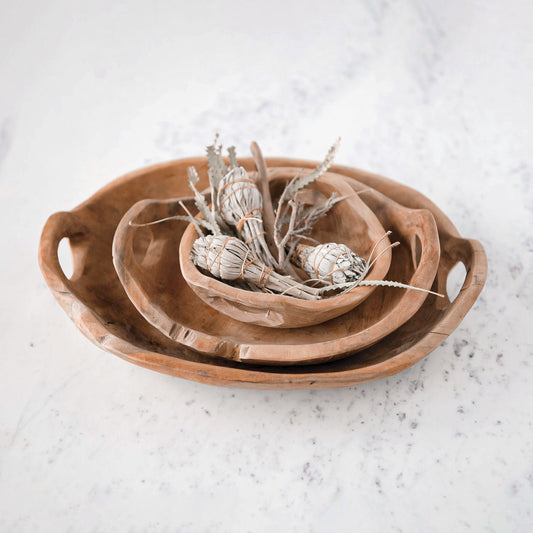 Teak wood bowls with handles